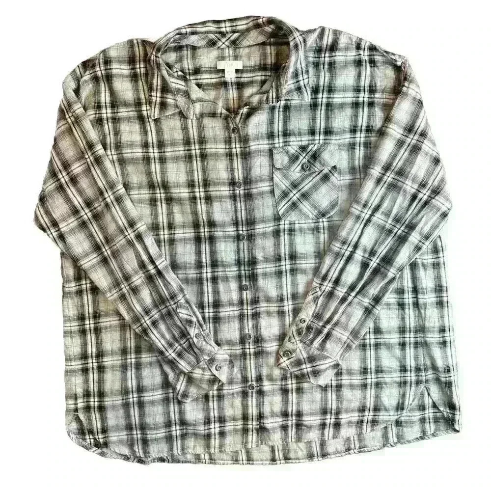 J Jill Plaid Flannel Button Up Shirt Sz XL Gray Black Long Sleeve Pocket